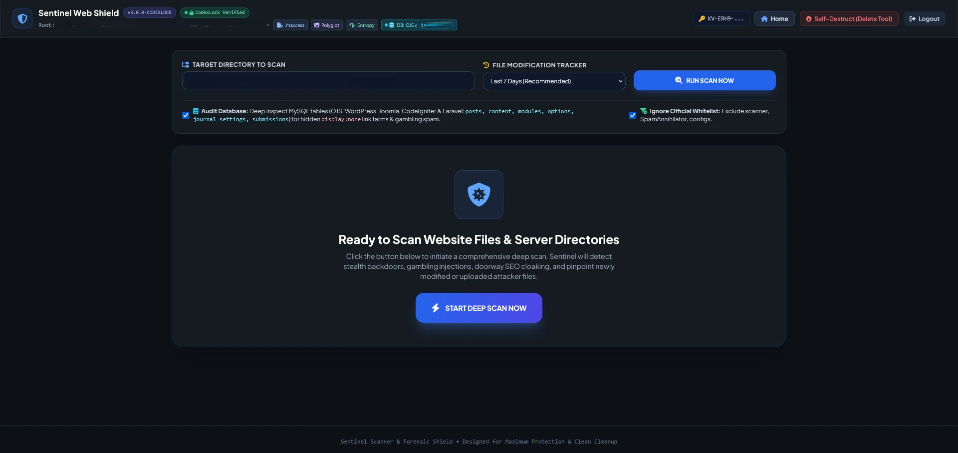 Sentinel Web Shield - Standalone PHP Malware Scanner & Database Cleaner